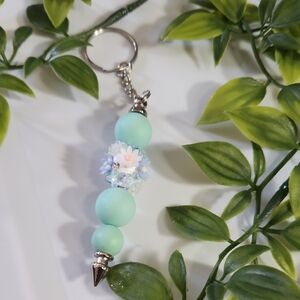 Mint Green Beaded Keychain with Floral Accent